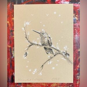 Original Hummingbird Ladybug painting pastel Art charcoal bird Nature artwork